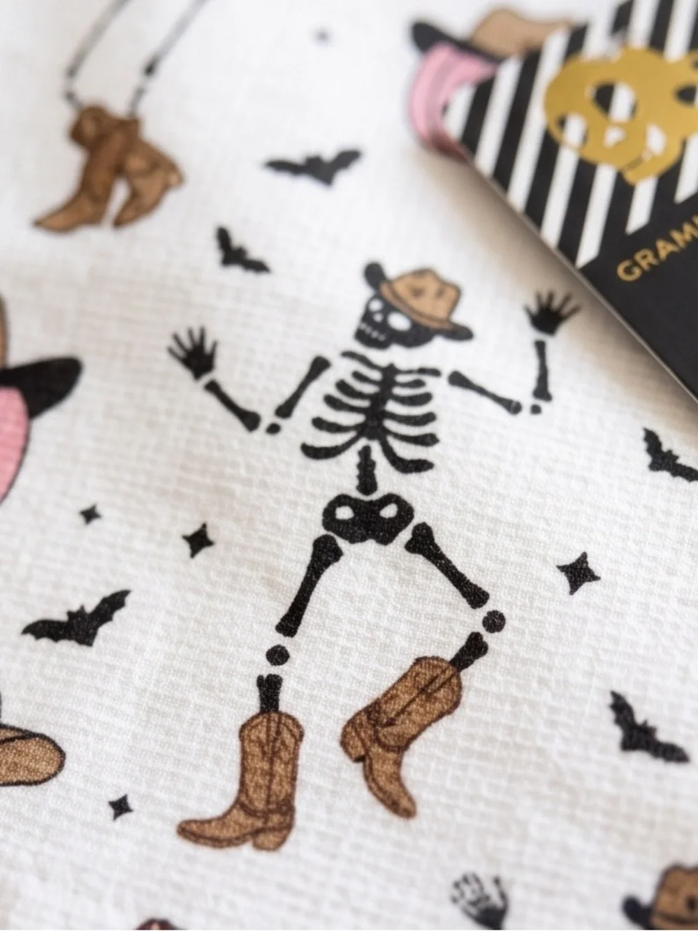 Halloween Cowboy Skeleton Cotton Tea Towel - White, Pink, Brown